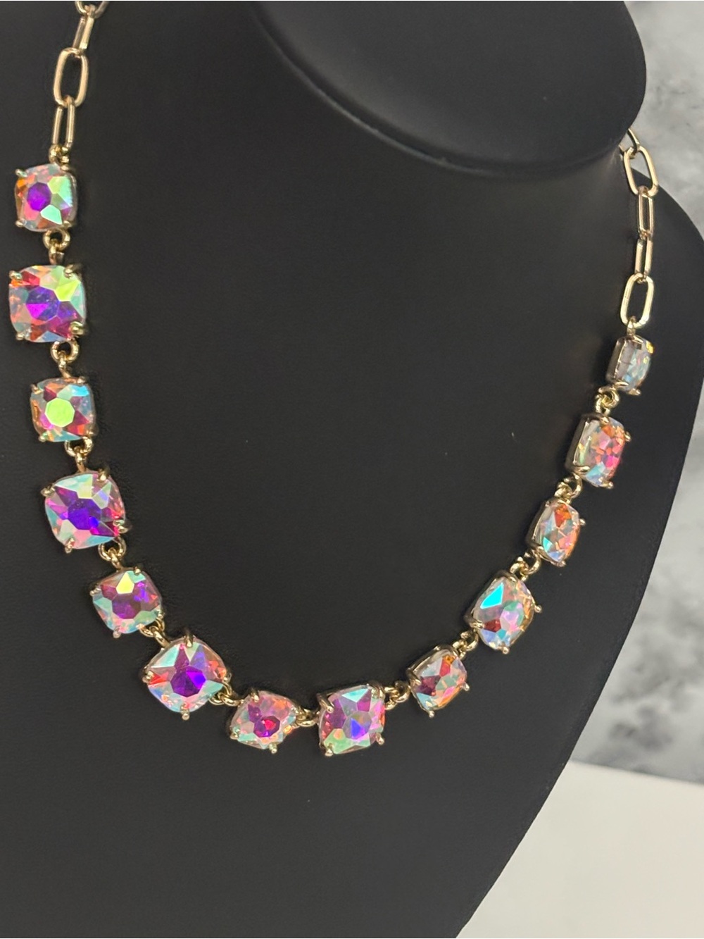 AB Rectangle glass link necklace with lobster claw closure. - Picture 2 of 5